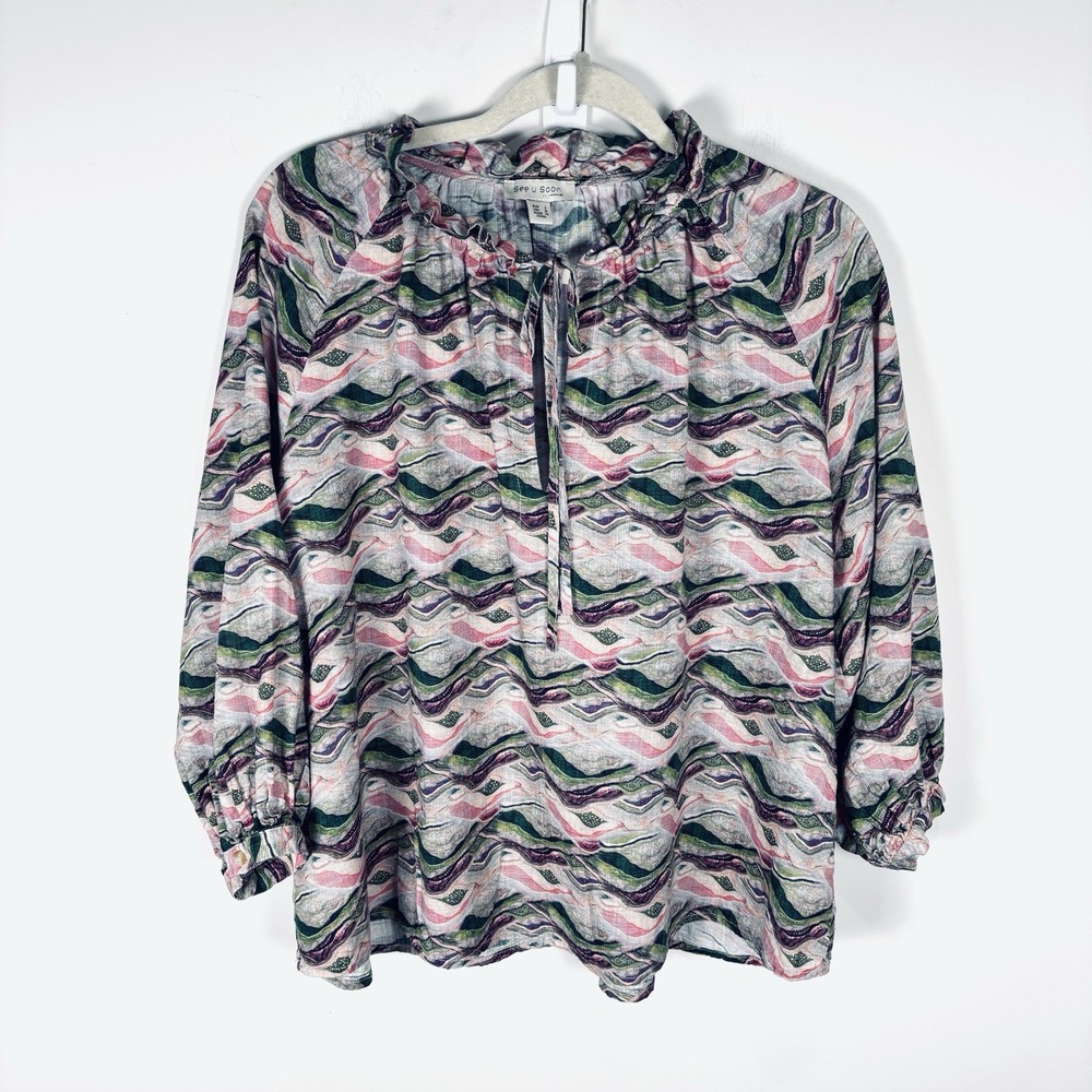 See U Soon Printed Peasant Blouse Green Purple Tunic Sheer Top Womens Medium